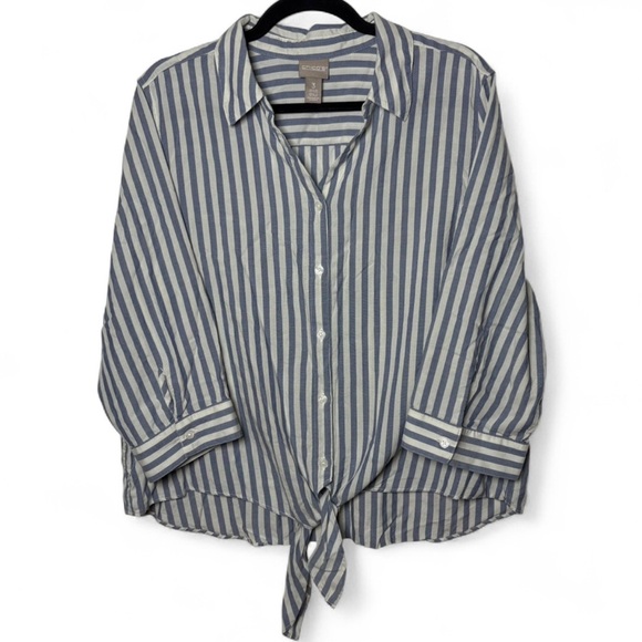 Chico’s Blue & White Striped Tie-Front Blouse | Size 3 (XL) Relaxed Fit - Picture 1 of 5